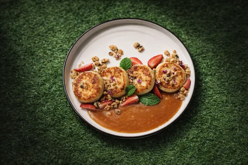 Syrniki dengan sour cream, salted caramel, dan buah beri