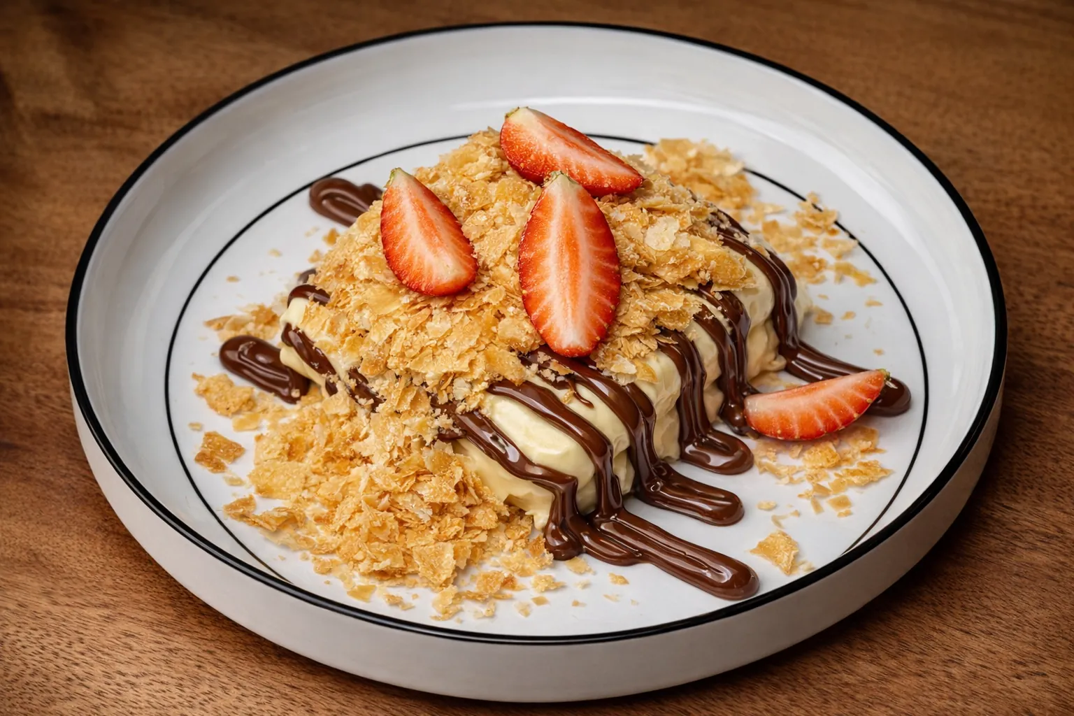Mille-feuille Nutella dengan puff pastry, krim vanila, Nutella, stroberi, dan remah pastry