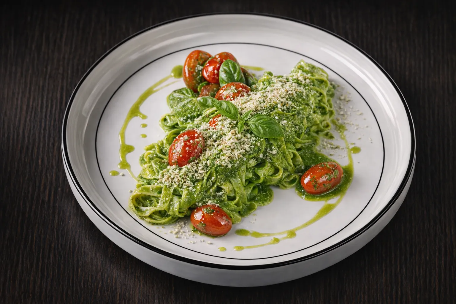 Pesto Pasta dengan pesto basil, tomat cherry, dan kacang parut di Signa Cafe