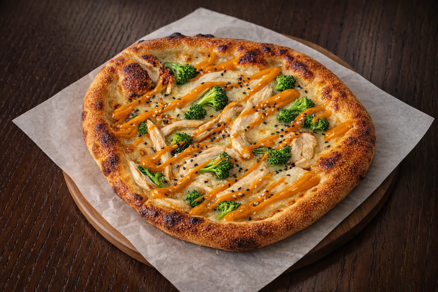 Solo Chicken-brocoli pizza with chicken, broccoli, mozzarella, red onion and sesame seeds